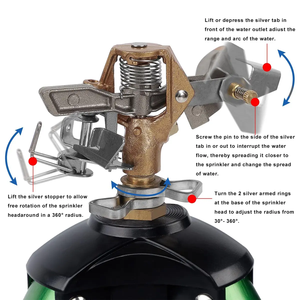 Biswing Impact Sprinkler Head on Tripod Base, Heavy Duty Lawn Sprinklers, 360 Degree Large Area Irrigation, Metal Sprinkler Nozzle & Alloy Legs, 1 Pack - view 2