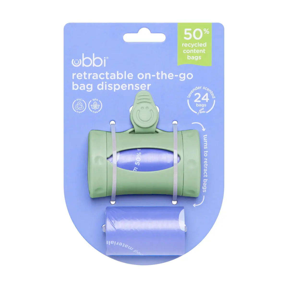 Ubbi Retractable Bag Dispenser for Diaper Bag, Sage | Portable & Stylish Organizer with Lavender Bags - view 8