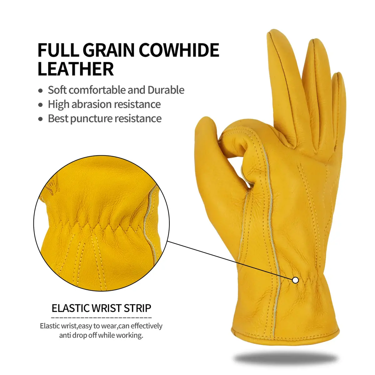 KKOYING Leather Work Gloves for Men & Women, Reinforced Cowhide, Puncture & Cut Resistant, Large - view 3