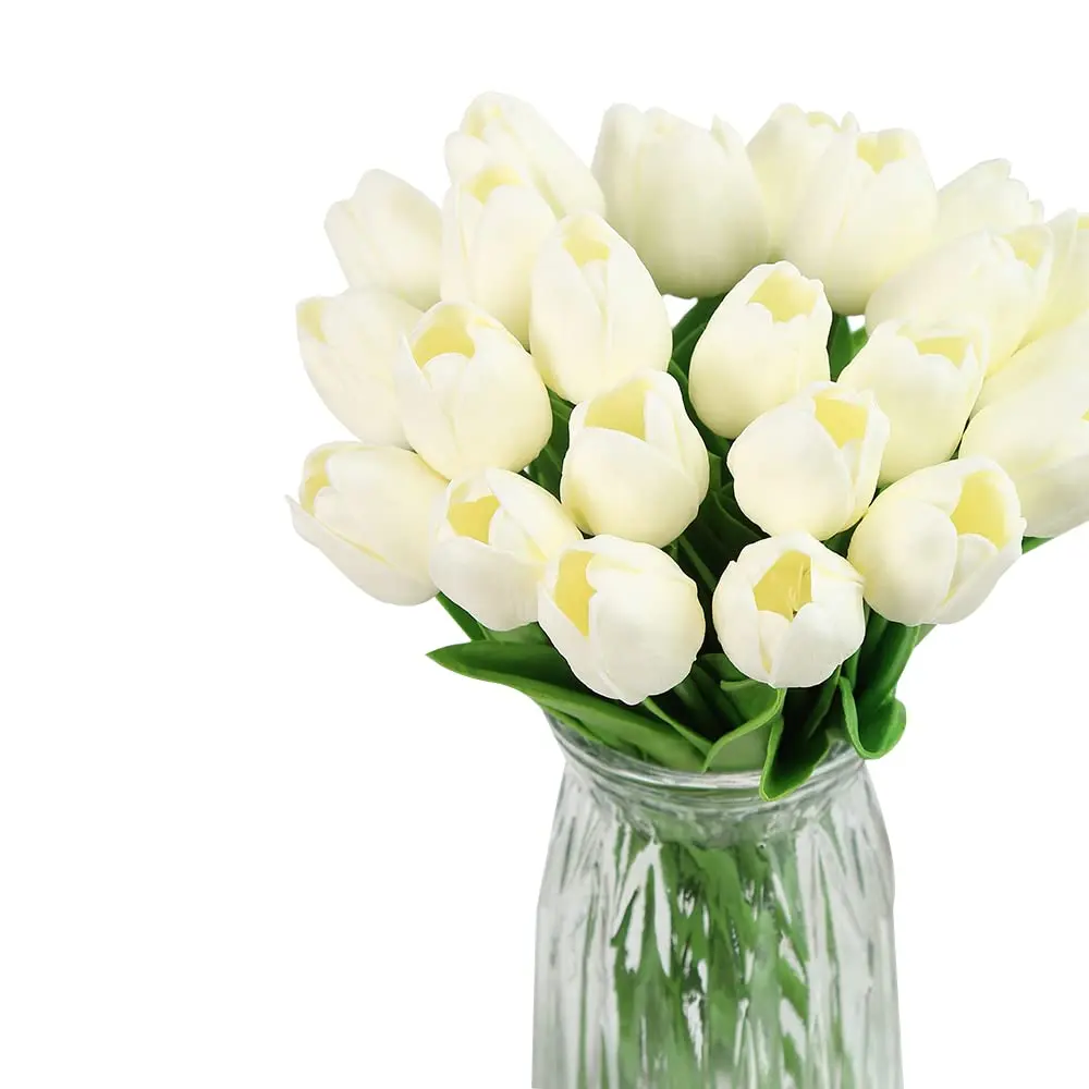IPOPU Real Touch Artificial Tulips Flowers 24PCS Off White | Lifelike PU Material for Home Decor - main product image