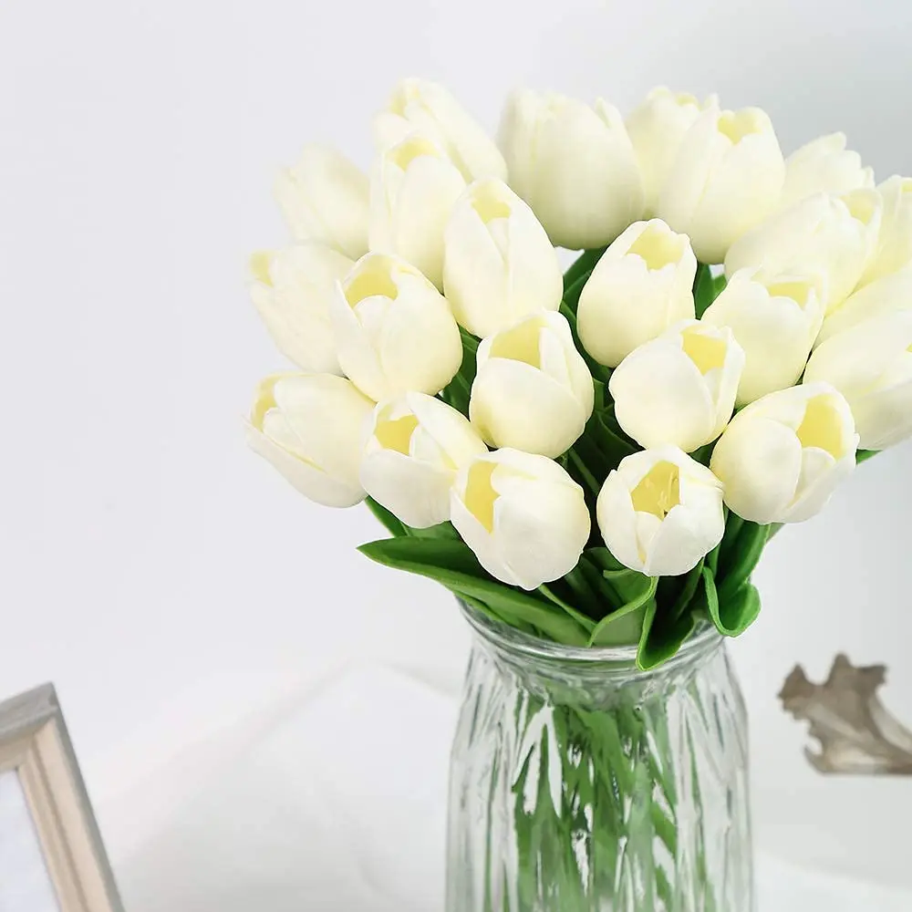 IPOPU Real Touch Artificial Tulips Flowers 24PCS Off White | Lifelike PU Material for Home Decor - view 5