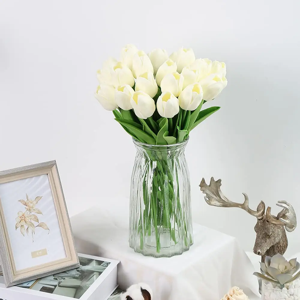 IPOPU Real Touch Artificial Tulips Flowers 24PCS Off White | Lifelike PU Material for Home Decor - view 7
