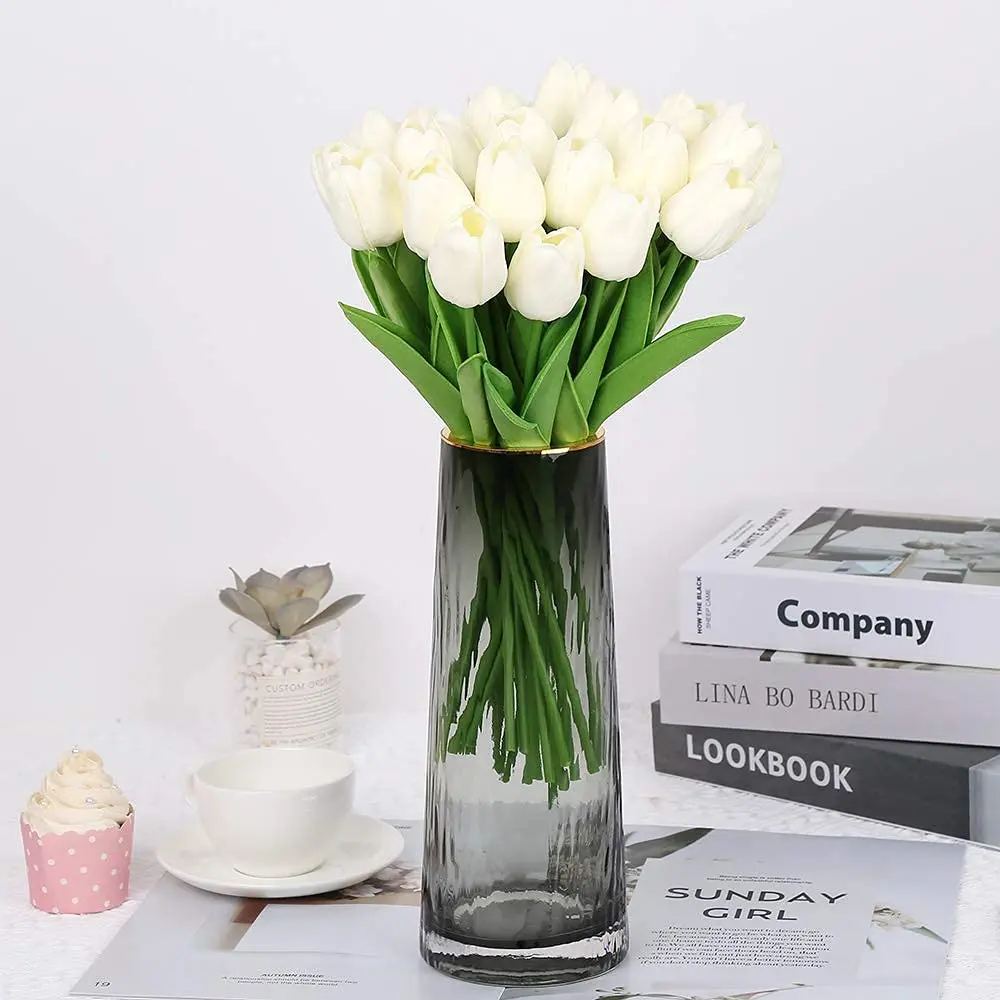 IPOPU Real Touch Artificial Tulips Flowers 24PCS Off White | Lifelike PU Material for Home Decor - view 8