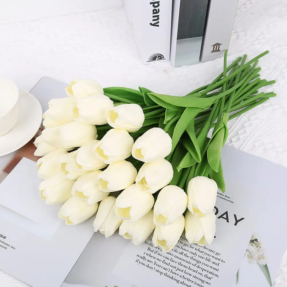 IPOPU Real Touch Artificial Tulips Flowers 24PCS Off White | Lifelike PU Material for Home Decor - view 2