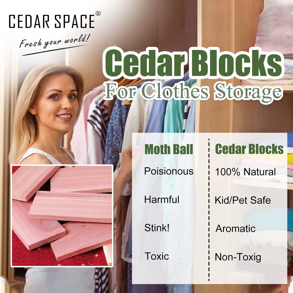 Cedar Space Cedar Blocks for Clothes Storage, 32 PCS Aromatic Red Cedar Wood Planks | Natural Moth Repellent for Closets & Drawers - view 2
