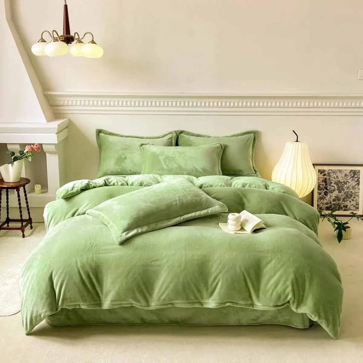 Luxlovery Sage Green Velvet Comforter Queen Set | Light Green Plush Bedding with Sherpa & Flannel (90x90 in) - main product image