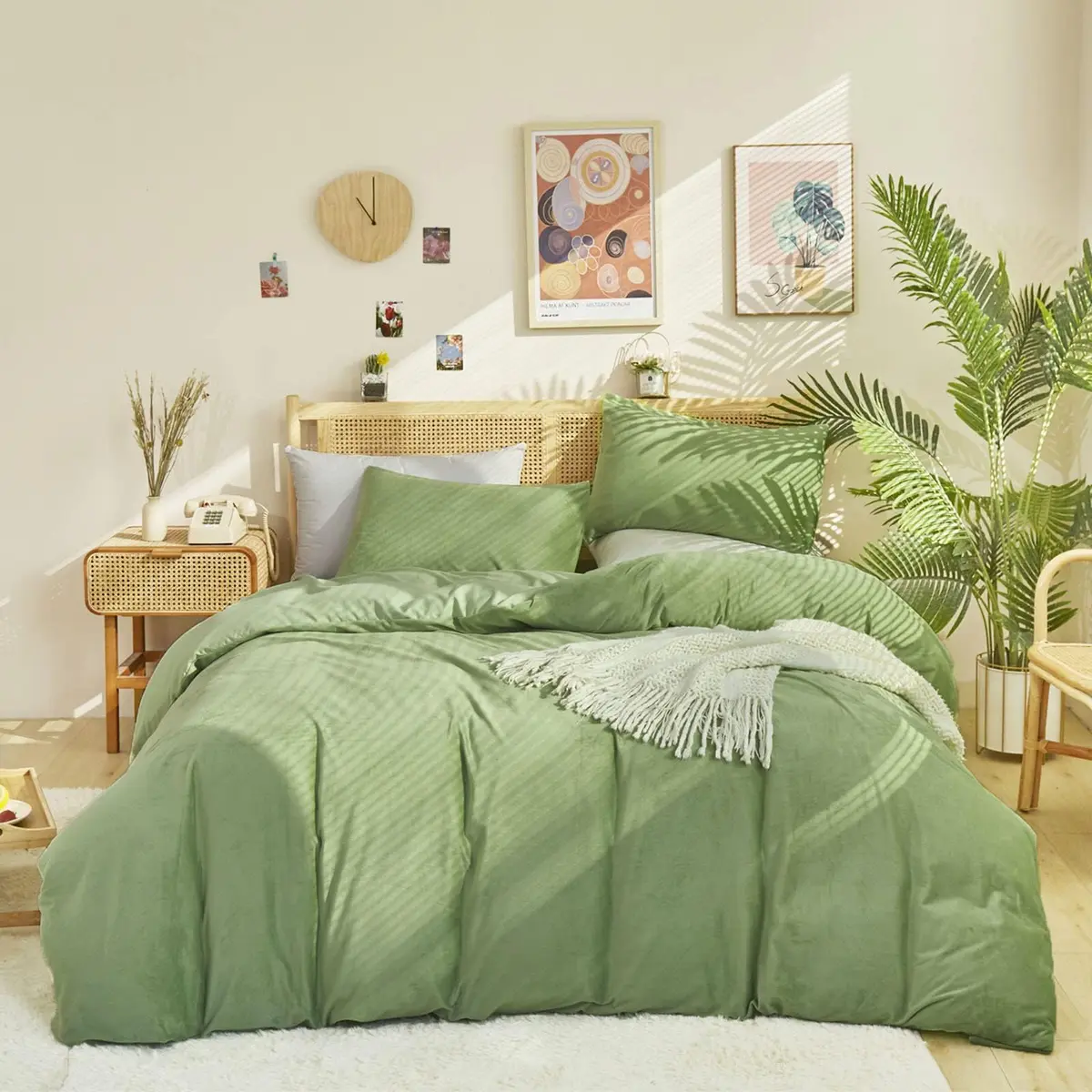 Luxlovery Sage Green Velvet Comforter Queen Set | Light Green Plush Bedding with Sherpa & Flannel (90x90 in) - view 6