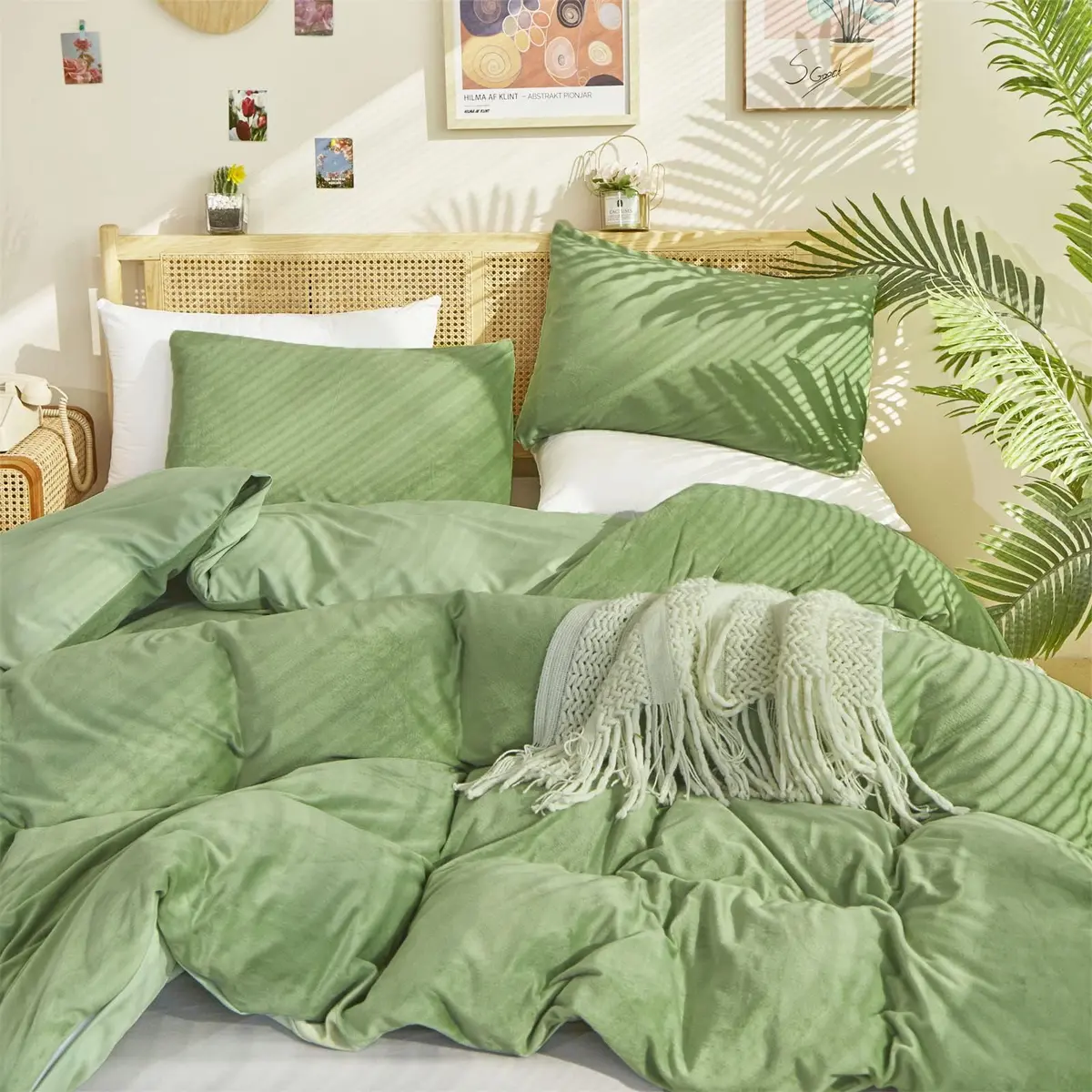 Luxlovery Sage Green Velvet Comforter Queen Set | Light Green Plush Bedding with Sherpa & Flannel (90x90 in) - view 9