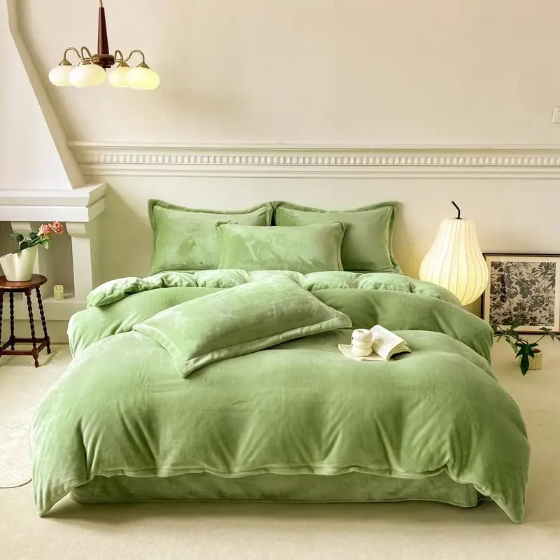 Luxlovery Sage Green Velvet Comforter Queen Set | Light Green Plush Bedding with Sherpa & Flannel (90x90 in) - view 2