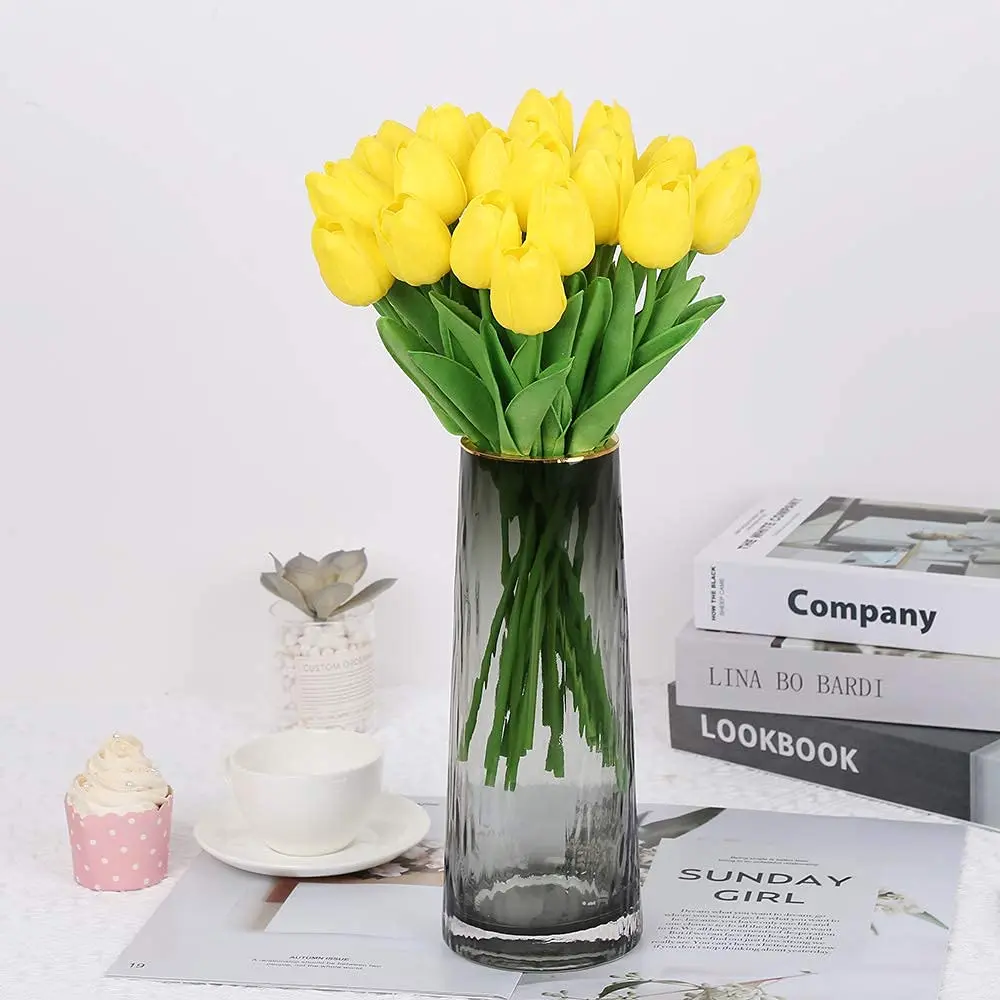 IPOPU 24PCS Yellow Tulips Artificial Flowers 34cm (13.4in) | Real Touch PU Flowers for Home Decor - view 6