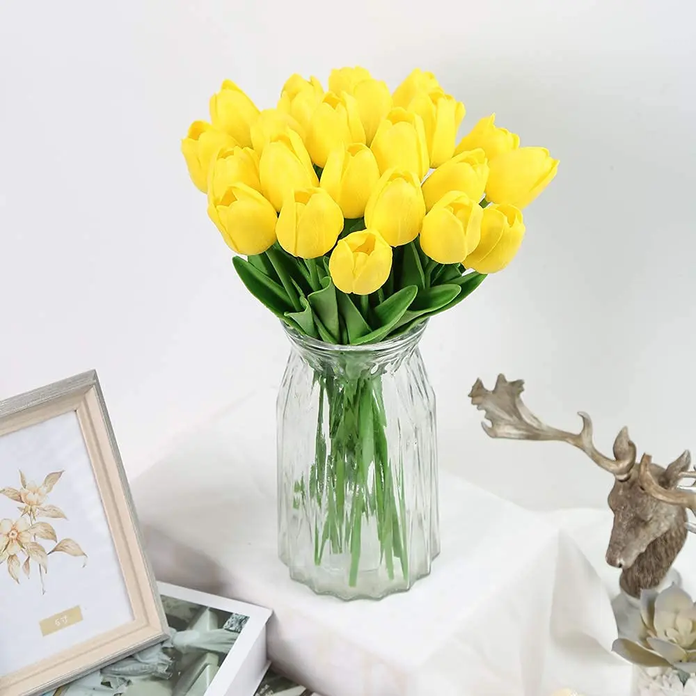 IPOPU 24PCS Yellow Tulips Artificial Flowers 34cm (13.4in) | Real Touch PU Flowers for Home Decor - view 7