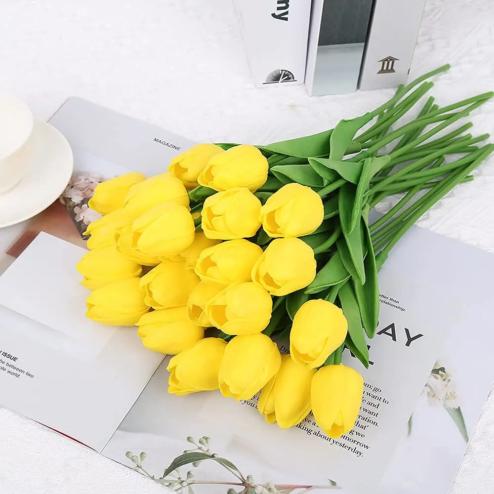 IPOPU 24PCS Yellow Tulips Artificial Flowers 34cm (13.4in) | Real Touch PU Flowers for Home Decor - view 2