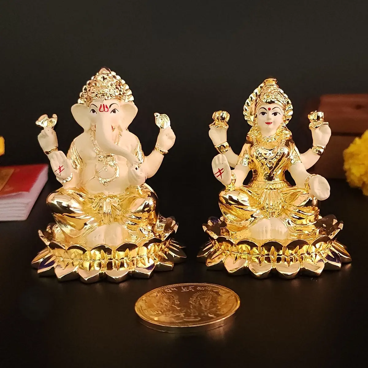 Gold Art India Gold Plated Terracotta Idol with Coin 7.6cm (3 Inch) | Diwali Pooja & Gift - main product image