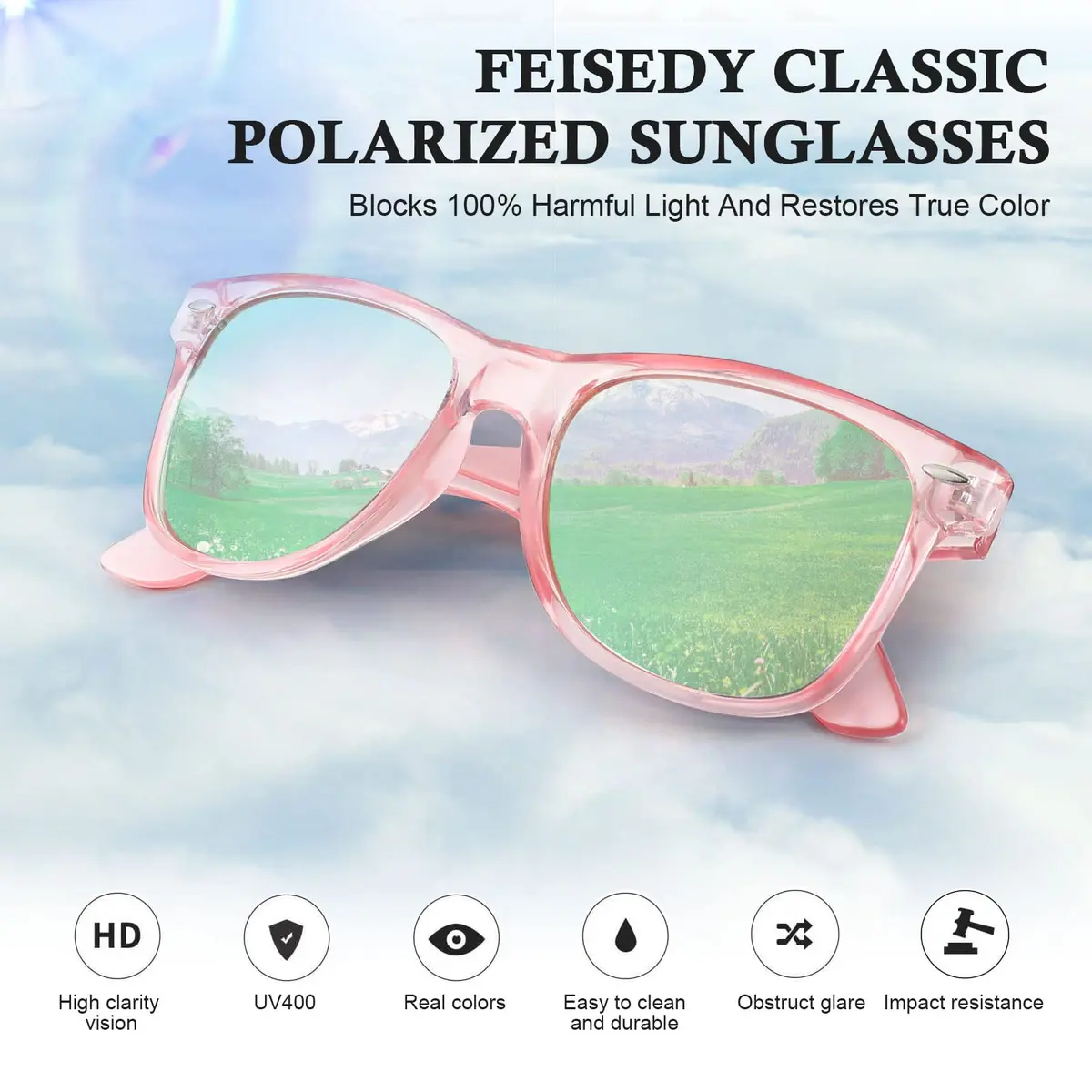 FEISEDY Women's Retro Polarized Sunglasses Classic 80s Style with UV400 Protection | Pink Frame & Pink Mirror Lens (54mm) - view 6