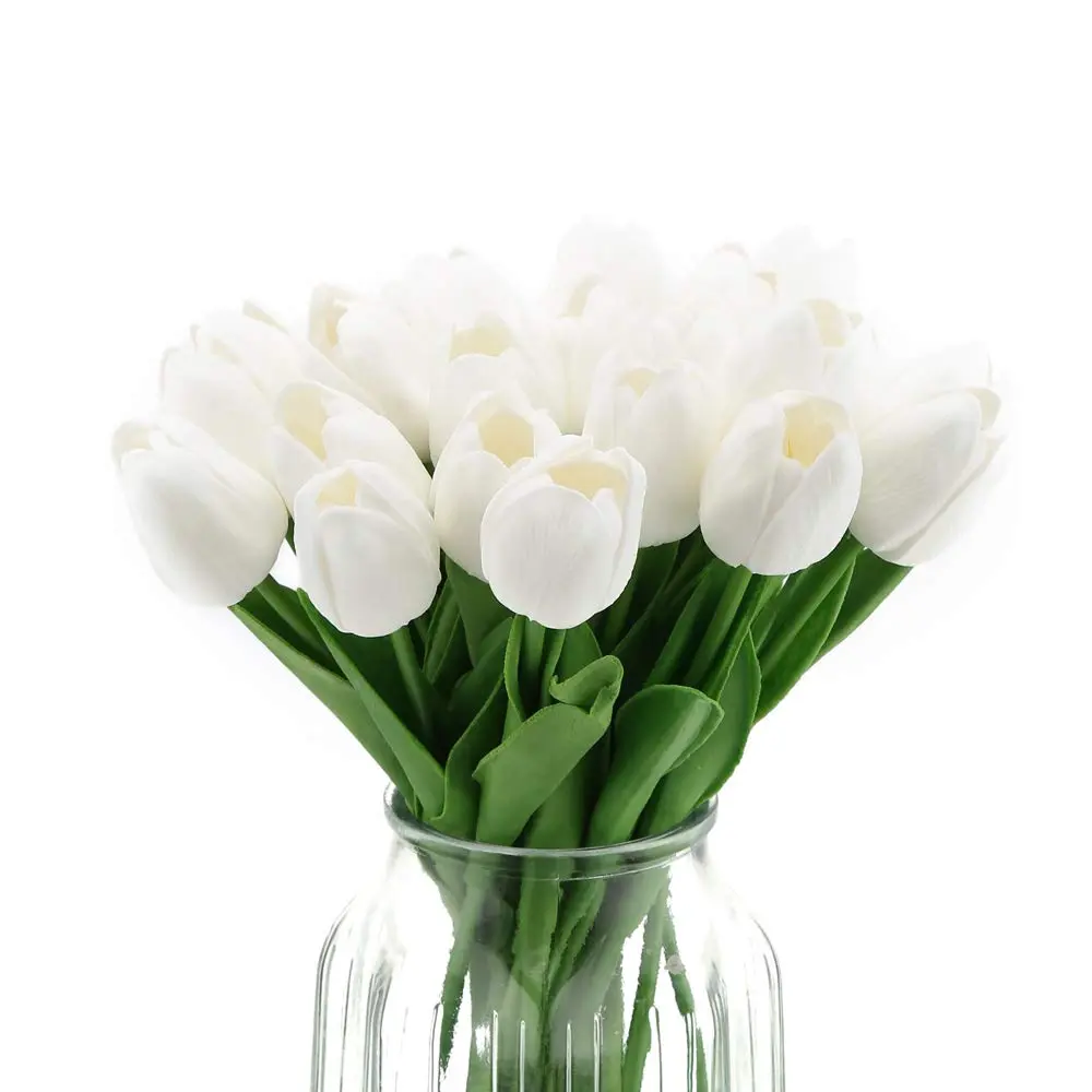 IPOPU 24PCS White Tulips Artificial Flowers Real Touch 34cm (13.4") | Realistic PU Flowers for Home Decor - main product image