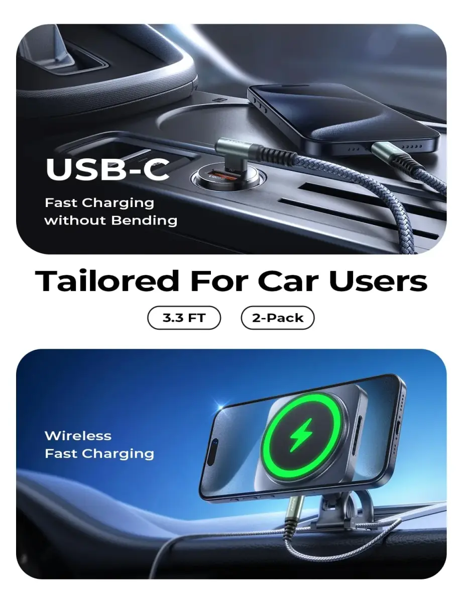 AINOPE Grey 3.3ft+3.3ft 60W Right Angle USB C to USB C Cable 2-Pack for Fast Charging - view 2