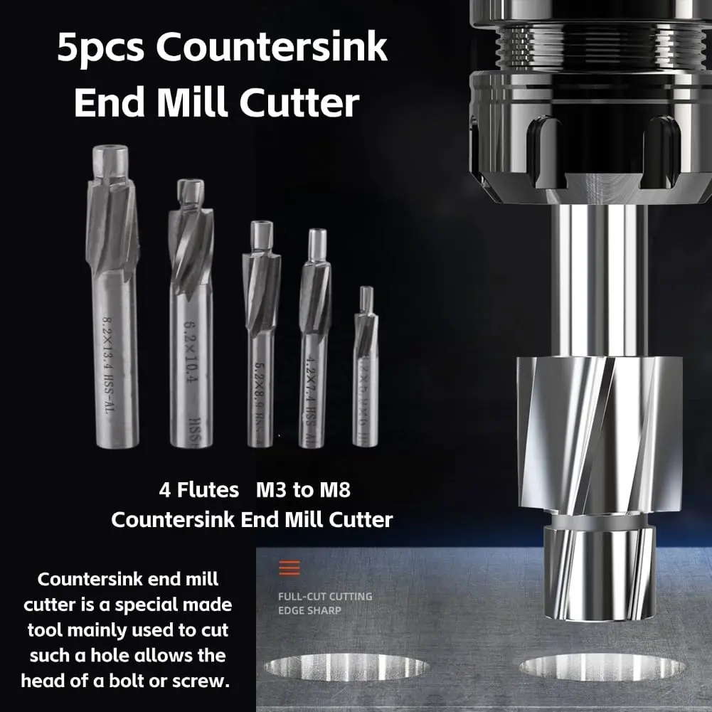 Hilitand 5pcs Counterbore Drill Bits Set 4 Flutes Straight End Mill Cutter M3-M8 | High-Speed Steel for Copper, Aluminum, Cast Iron - view 2