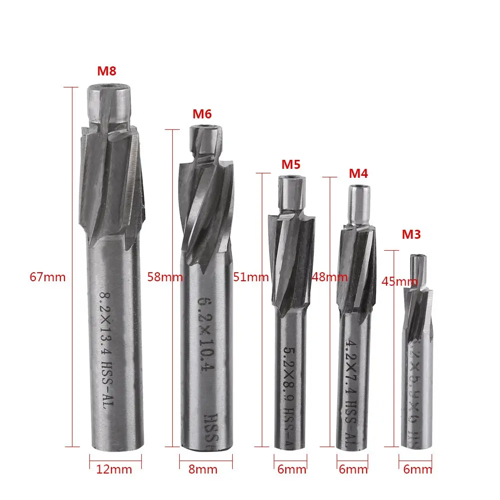 Hilitand 5pcs Counterbore Drill Bits Set 4 Flutes Straight End Mill Cutter M3-M8 | High-Speed Steel for Copper, Aluminum, Cast Iron - view 3