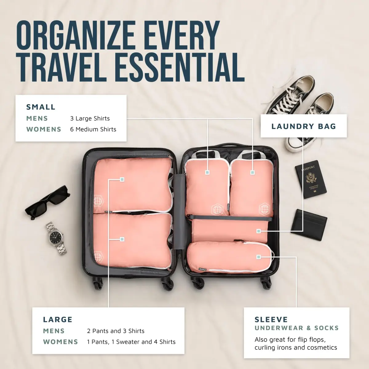 TRIPPED Travel Gear Compression Packing Cubes for Carry-On Travel 6-Pack | Ultralight Ripstop Nylon with Zippered Organizers - view 2