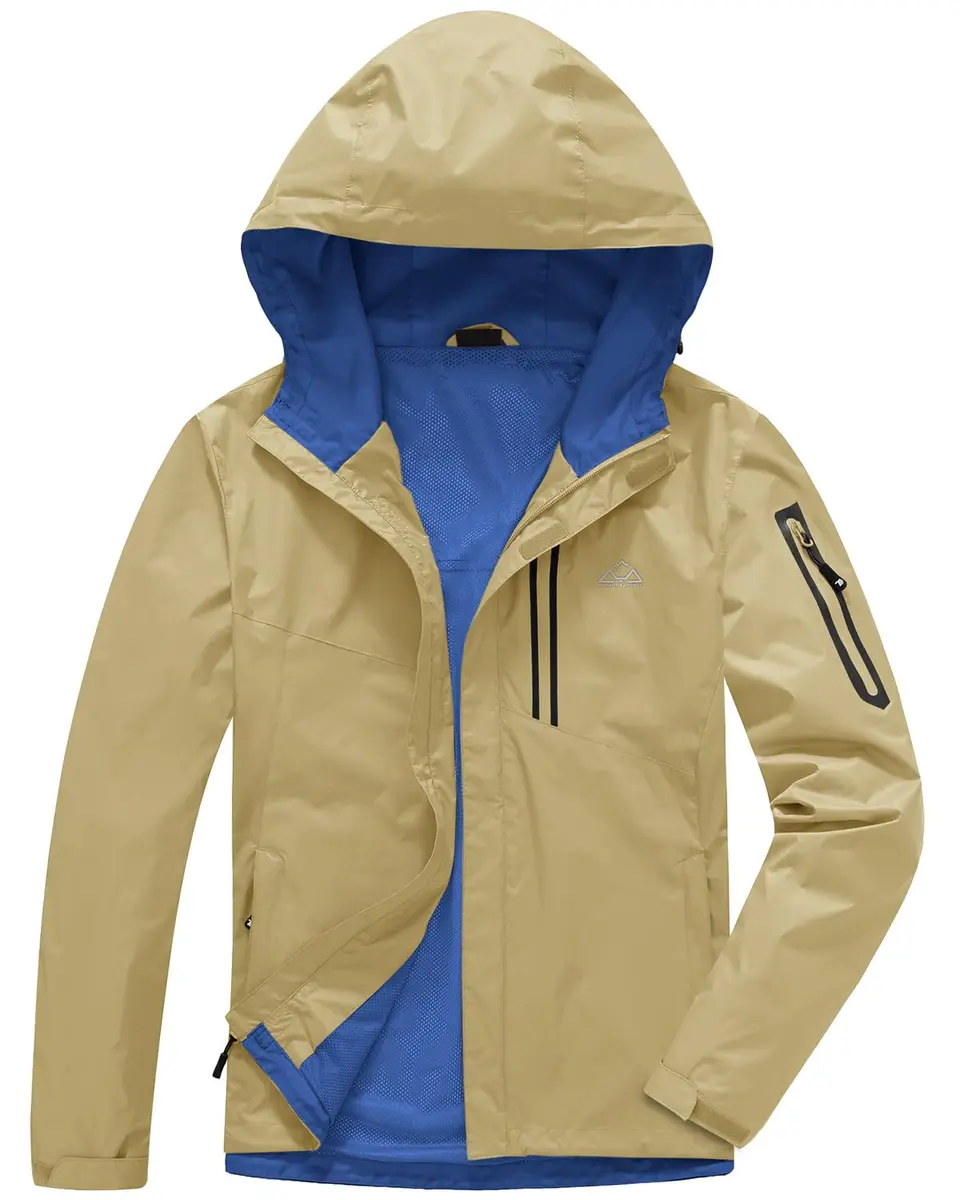 TBMPOY Waterproof Rain Jacket for Men | Lightweight Khaki Hooded Windbreaker XXL - main product image