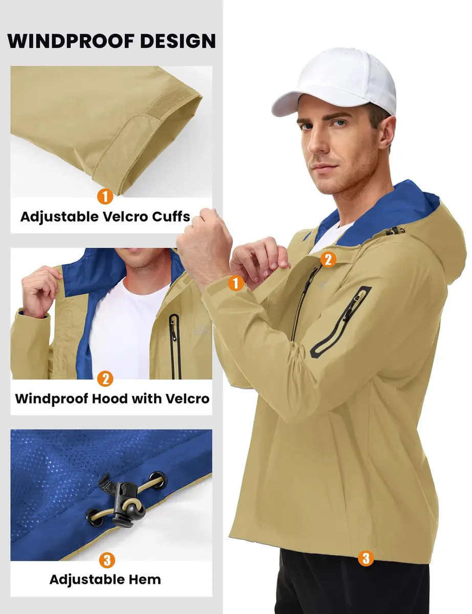 TBMPOY Waterproof Rain Jacket for Men | Lightweight Khaki Hooded Windbreaker XXL - view 5