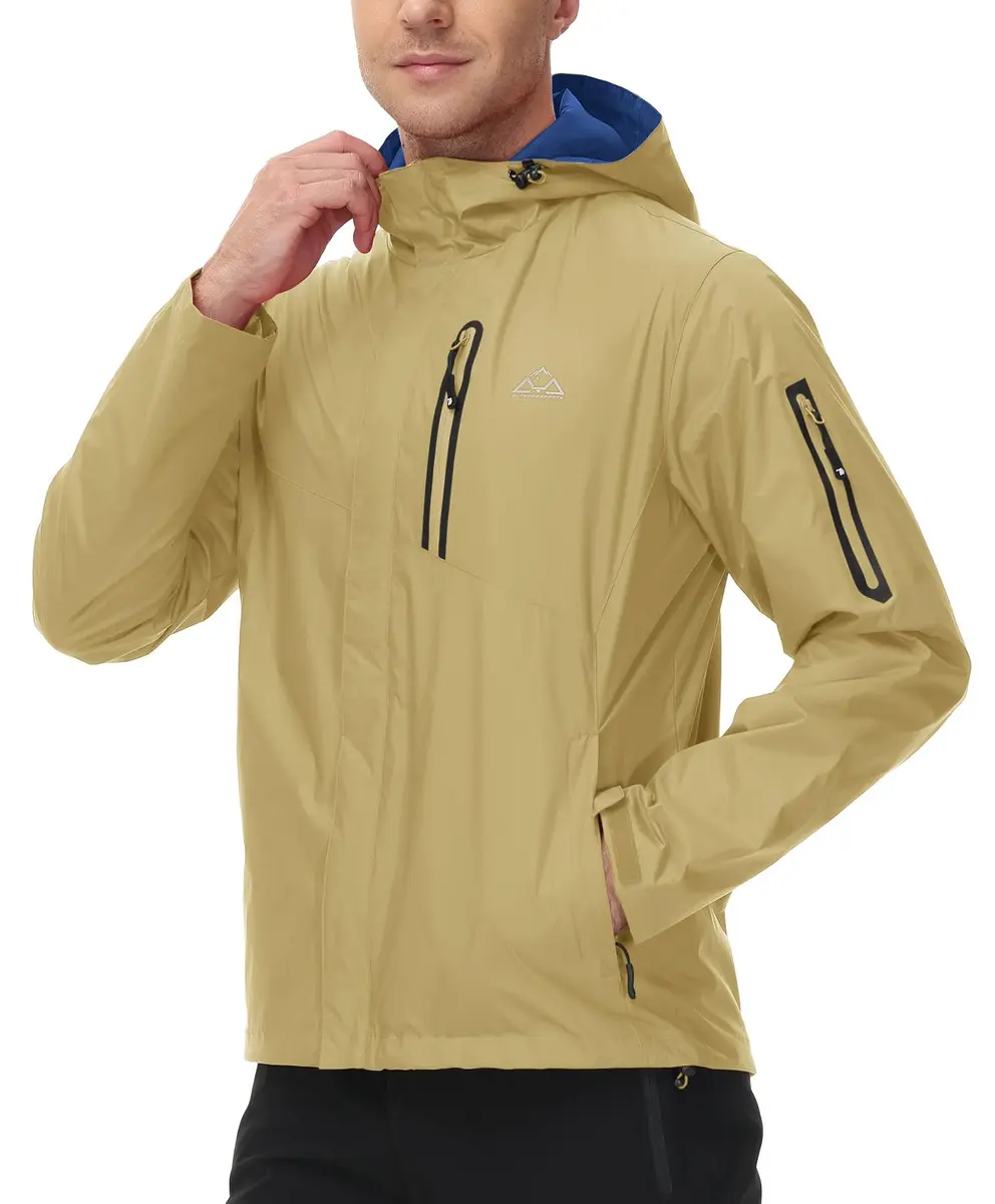 TBMPOY Waterproof Rain Jacket for Men | Lightweight Khaki Hooded Windbreaker XXL - view 7