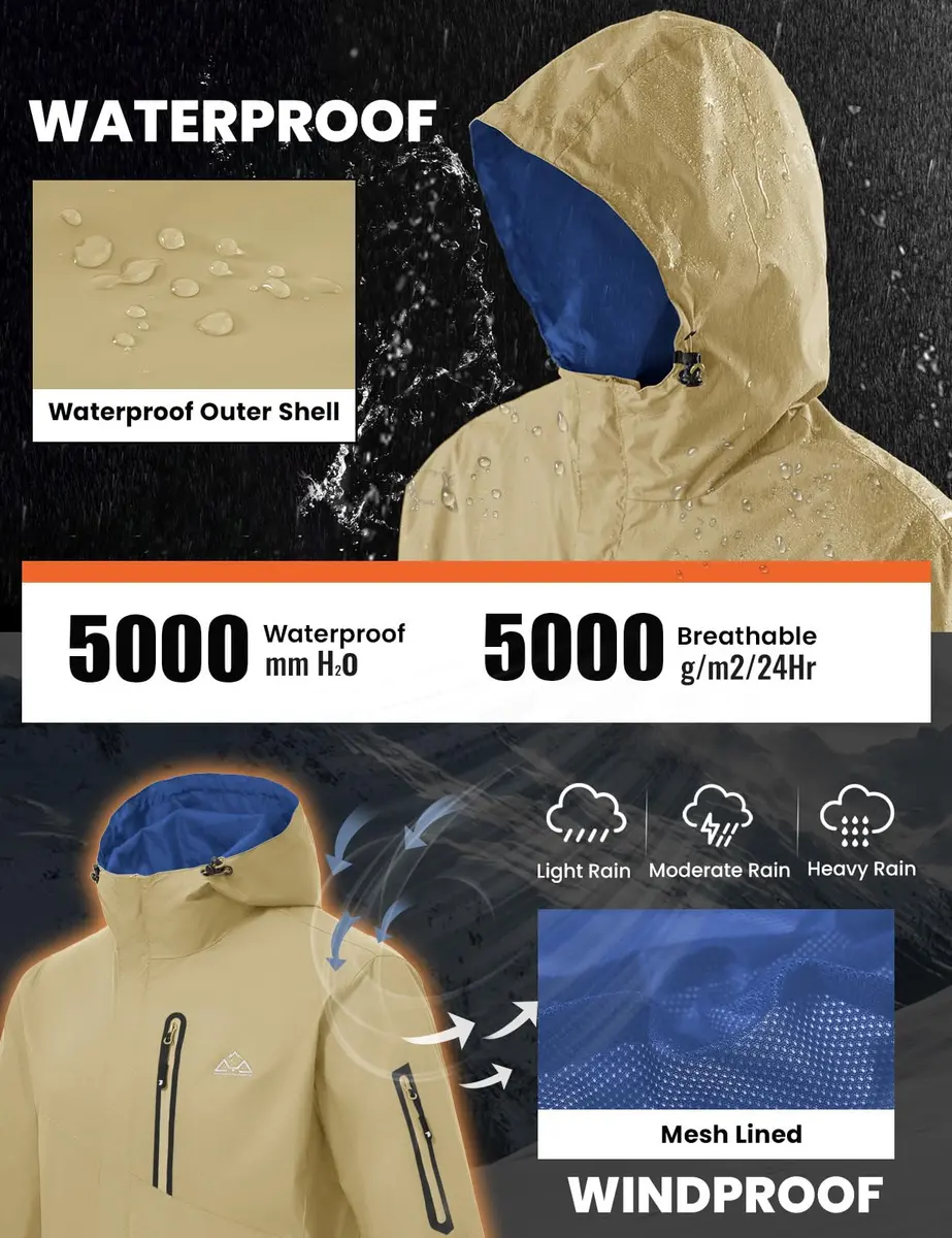 TBMPOY Waterproof Rain Jacket for Men | Lightweight Khaki Hooded Windbreaker XXL - view 3