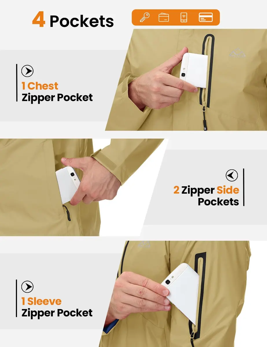 TBMPOY Waterproof Rain Jacket for Men | Lightweight Khaki Hooded Windbreaker XXL - view 4