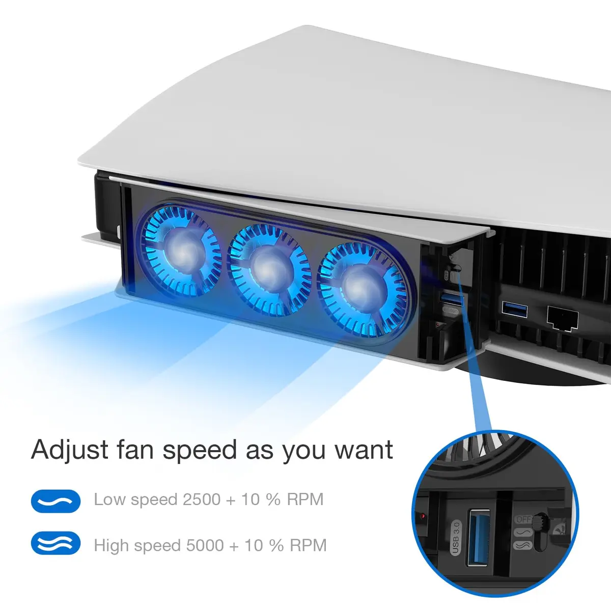JUSPRO PS5 Cooling Fan with LED Light | Quiet 3-Fan Cooler for PS5 Digital/Disc Editions - view 6