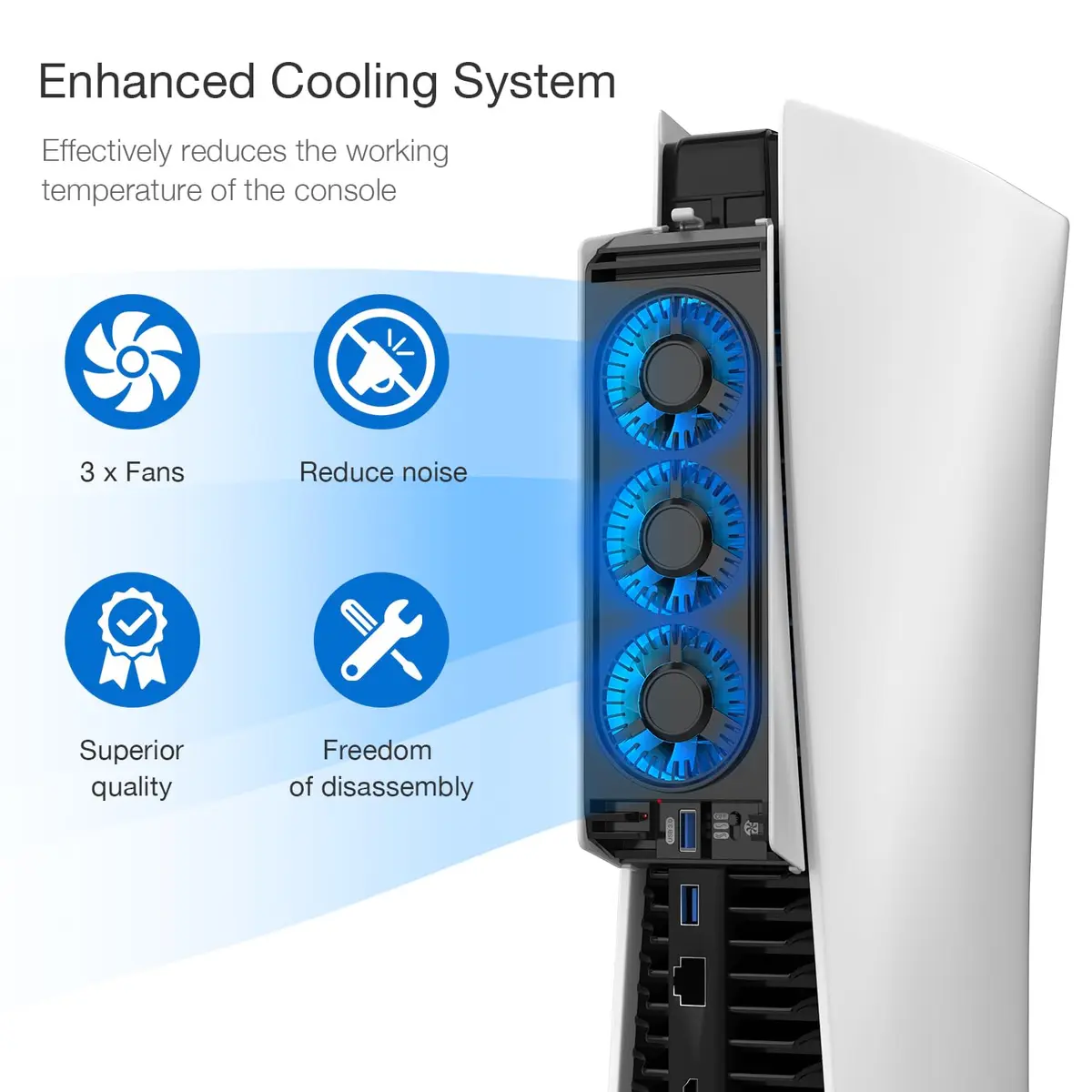 JUSPRO PS5 Cooling Fan with LED Light | Quiet 3-Fan Cooler for PS5 Digital/Disc Editions - view 3