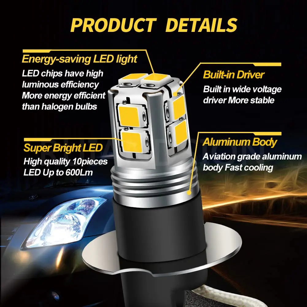 Ruiandsion H3 LED Fog Light Bulbs 6000K White | Super Bright 2835 10SMD Chips 9-30V - view 2