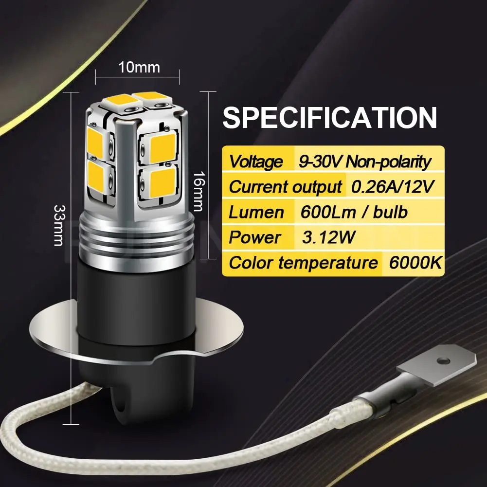 Ruiandsion H3 LED Fog Light Bulbs 6000K White | Super Bright 2835 10SMD Chips 9-30V - view 4