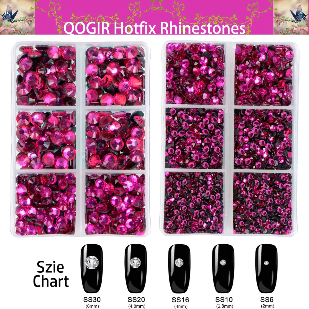 QOGIR 6300pcs Fuchsia Hotfix Rhinestones for Crafts Clothes DIY | Mixed Sizes, Sparkling Glass Gems - view 2