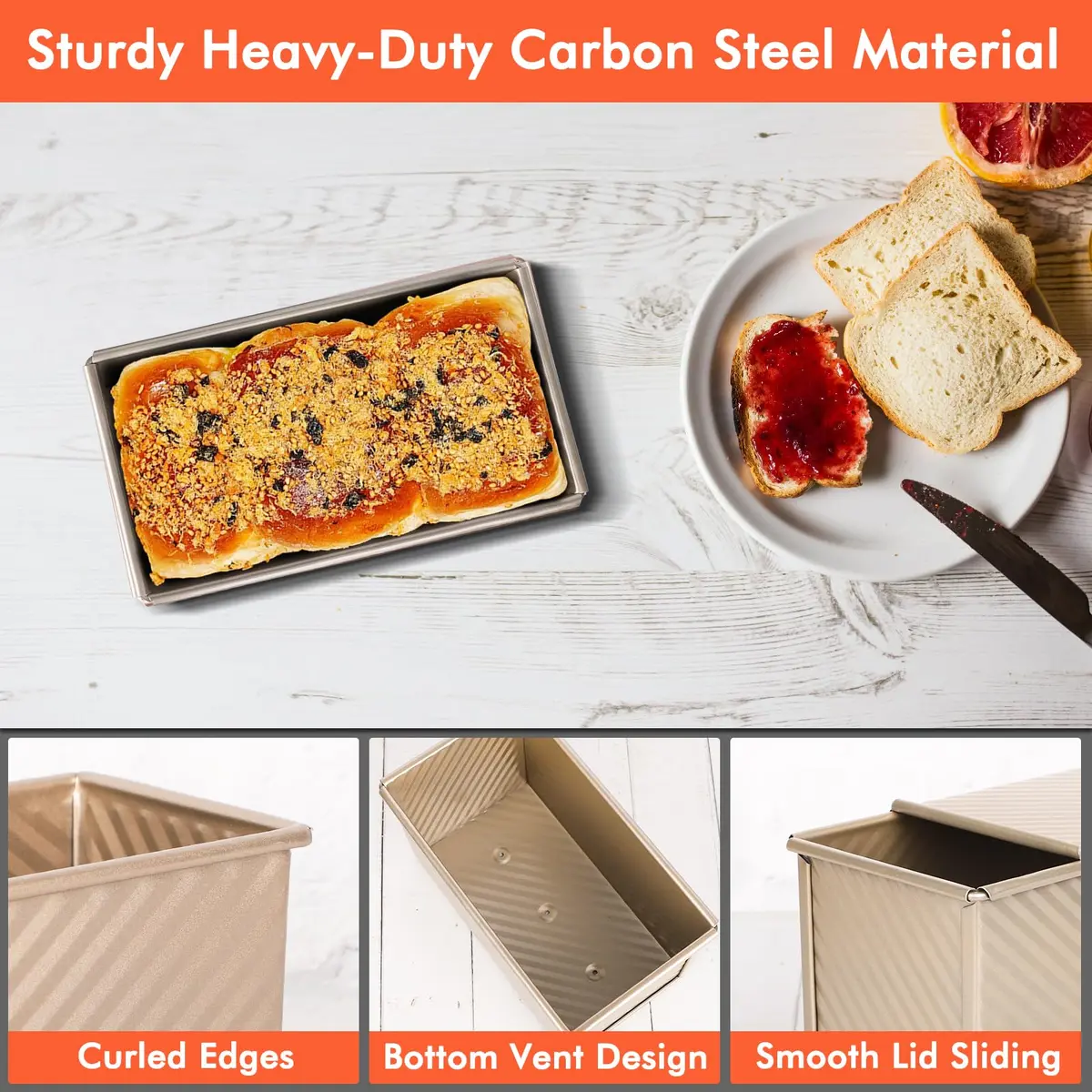 Beasea Pullman Loaf Pan With Lid, Non-Stick Carbon Steel, 1 lb | Corrugated Bread Mold for Baking in India - view 4