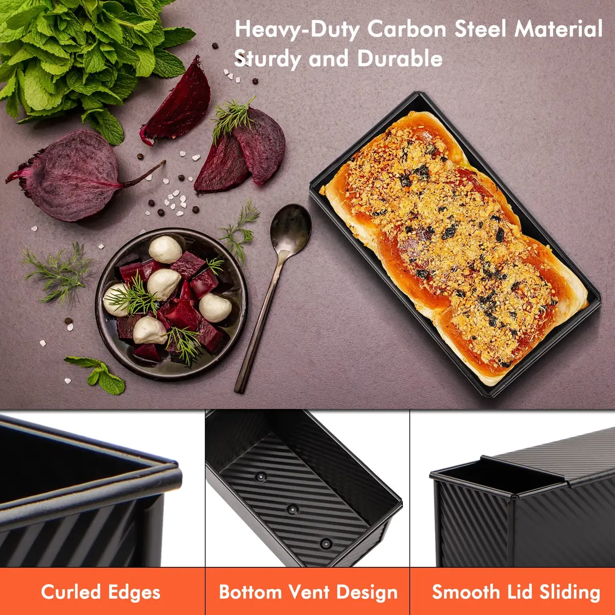 Beasea Pullman Loaf Pan with Lid, 2 Pack 1 lb | Non-Stick Carbon Steel Bakeware for Homemade Bread - view 5