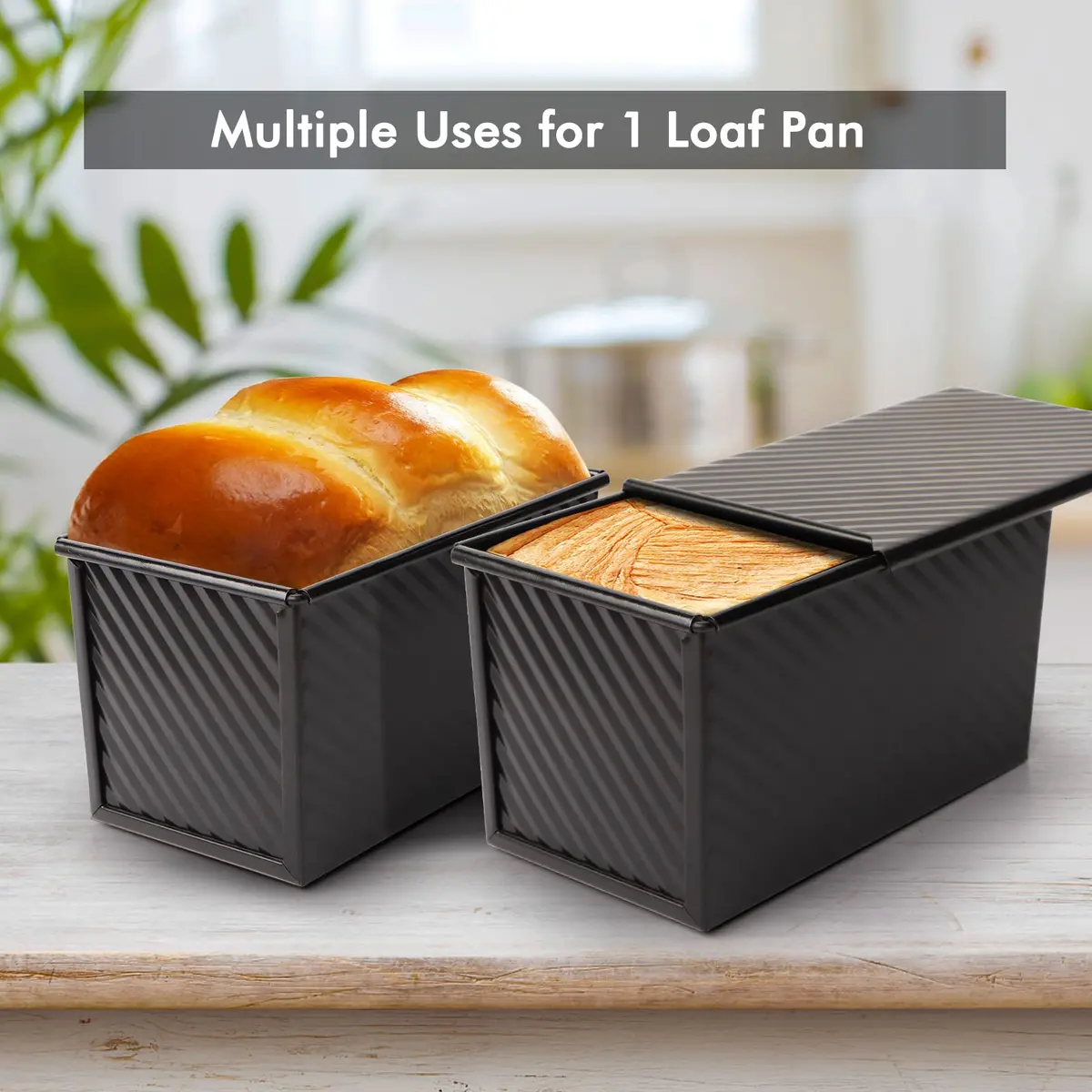 Beasea Pullman Loaf Pan with Lid, 2 Pack 1 lb | Non-Stick Carbon Steel Bakeware for Homemade Bread - view 6