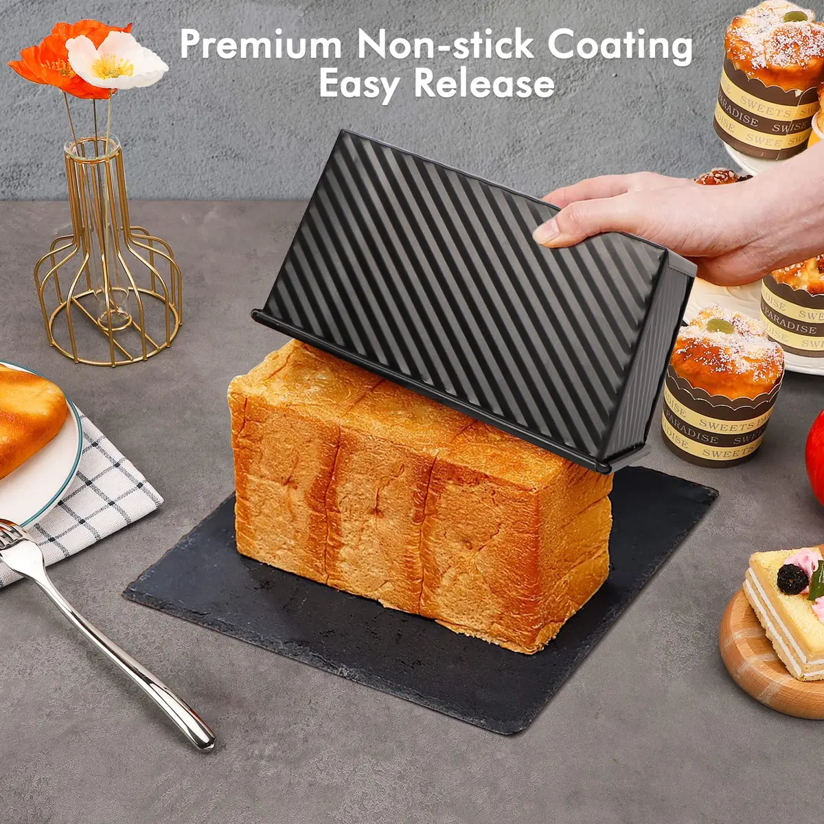 Beasea Pullman Loaf Pan with Lid, 2 Pack 1 lb | Non-Stick Carbon Steel Bakeware for Homemade Bread - view 4