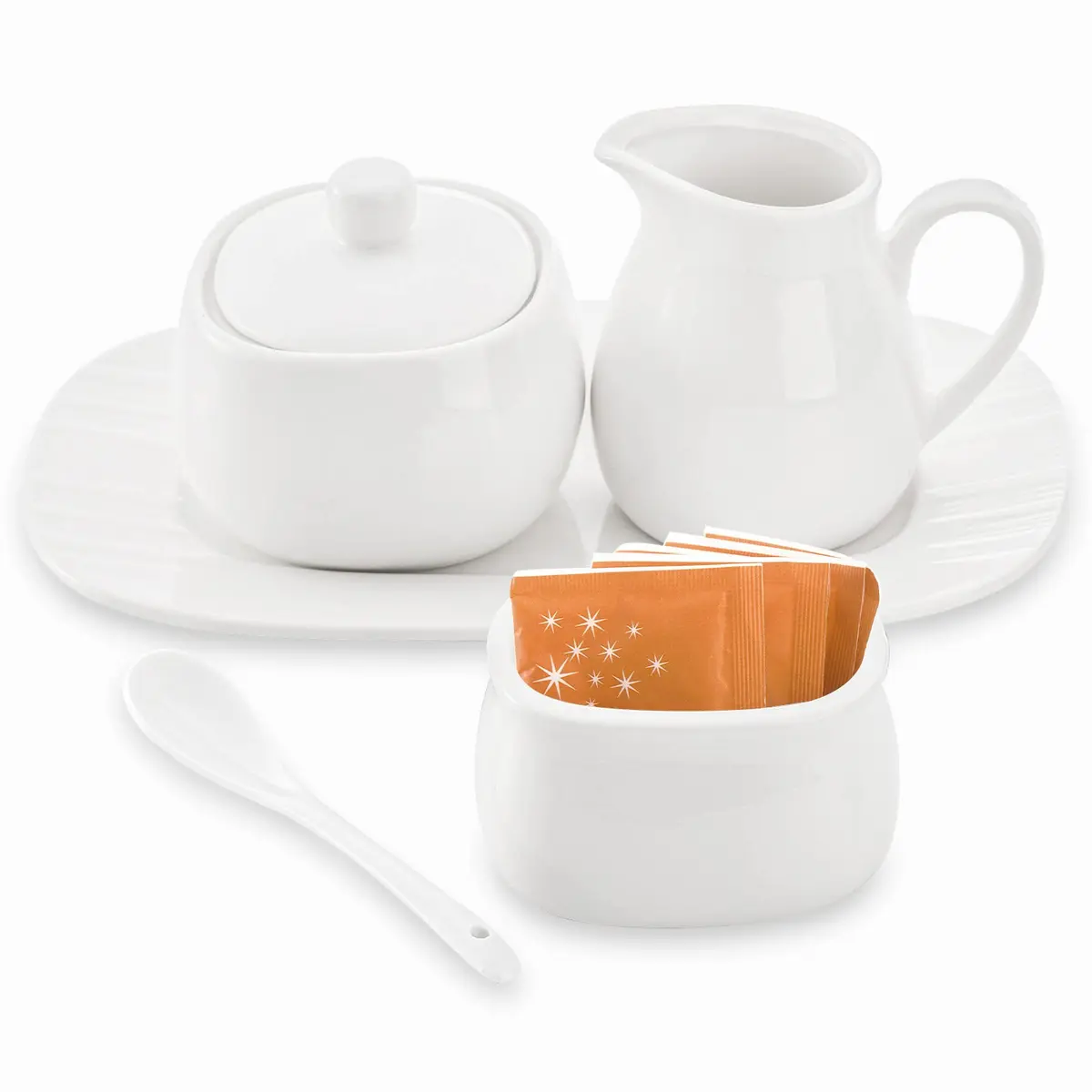 Dicunoy White Ceramic Sugar and Creamer Set with Lid, Spoon, Tray & Sweetener Box | 180ml (6oz) Creamer - main product image