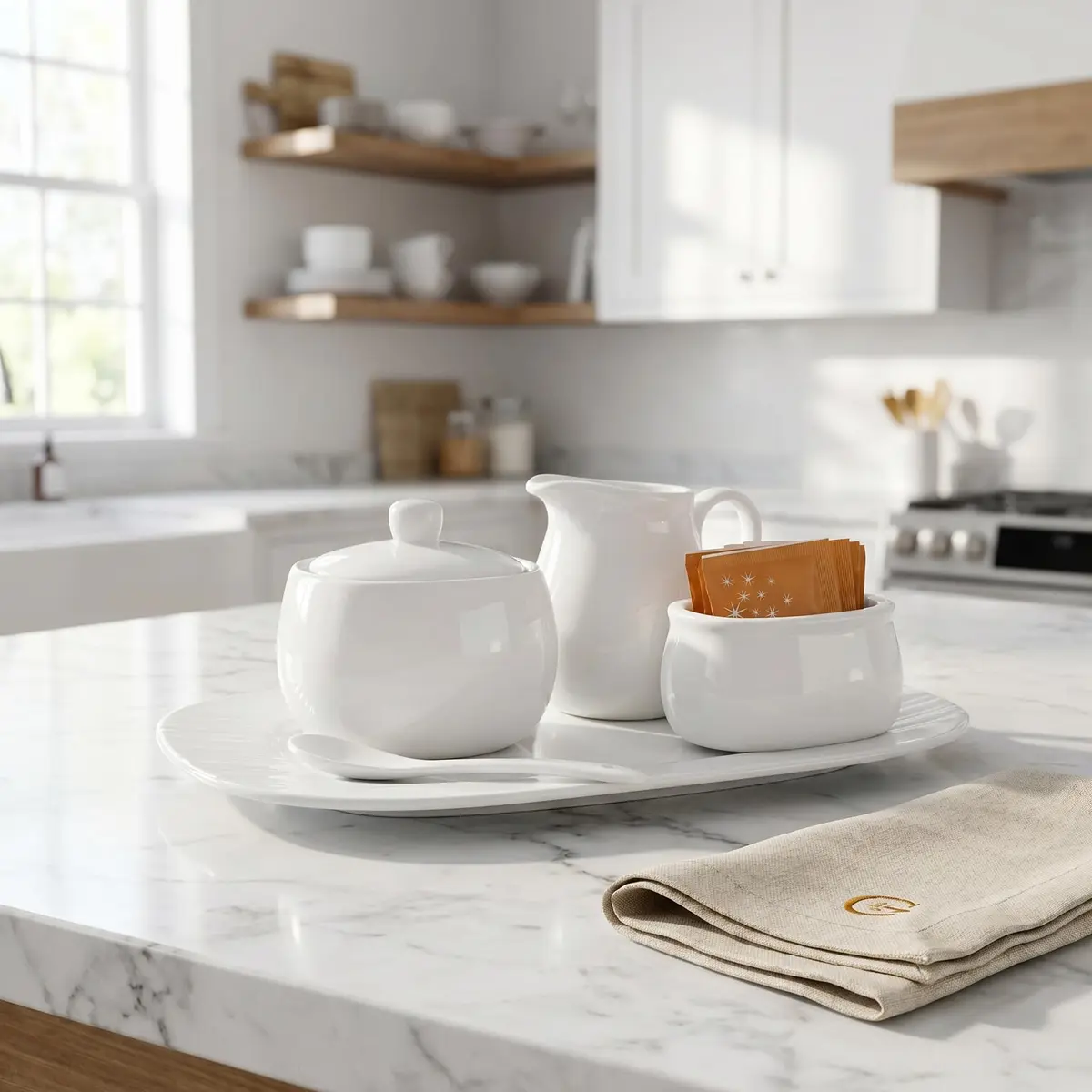 Dicunoy White Ceramic Sugar and Creamer Set with Lid, Spoon, Tray & Sweetener Box | 180ml (6oz) Creamer - view 6