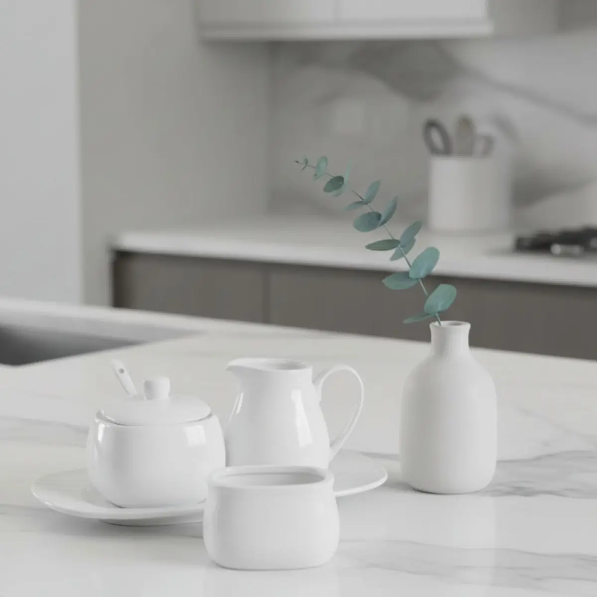 Dicunoy White Ceramic Sugar and Creamer Set with Lid, Spoon, Tray & Sweetener Box | 180ml (6oz) Creamer - view 7