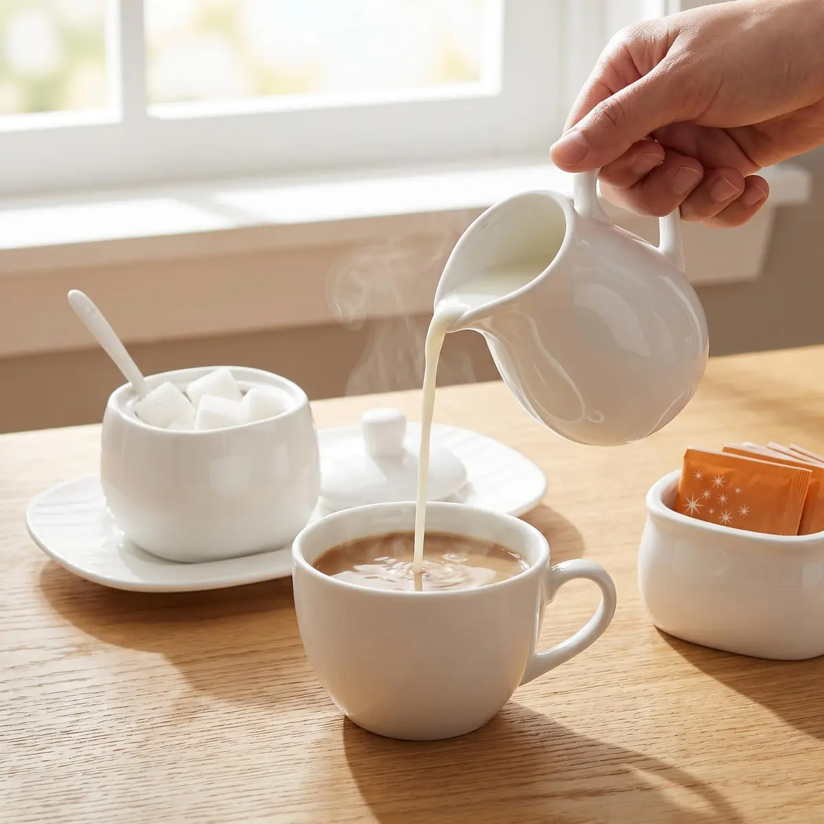 Dicunoy White Ceramic Sugar and Creamer Set with Lid, Spoon, Tray & Sweetener Box | 180ml (6oz) Creamer - view 3