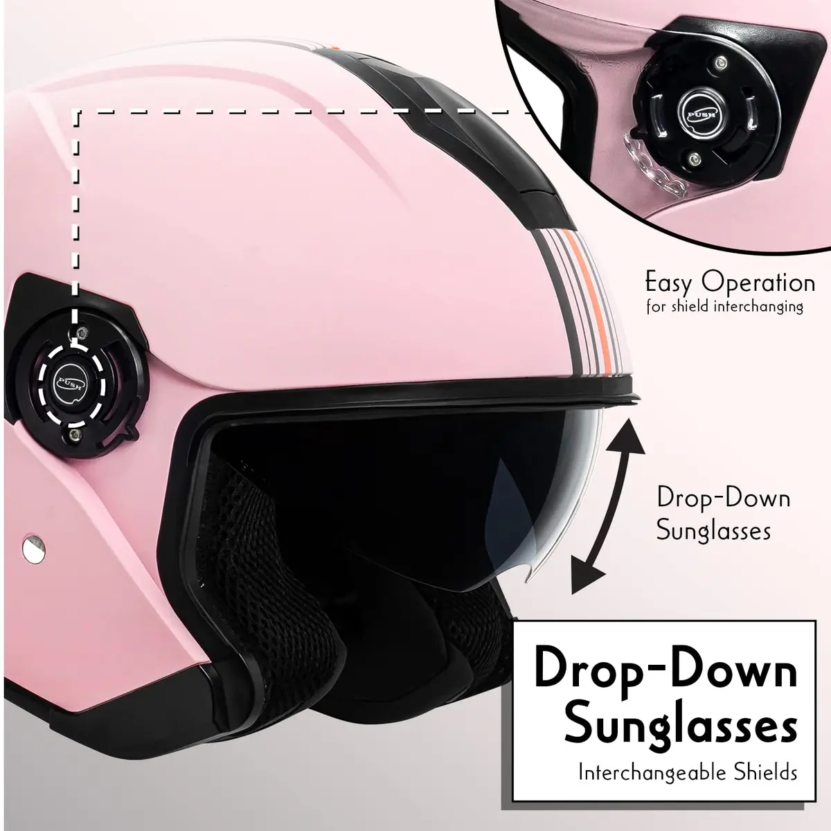 VCAN V88 3/4 Open Face Motorcycle Helmet Matte Pink Stripe | DOT & ECE Certified, FMVSS 218 Approved - view 5