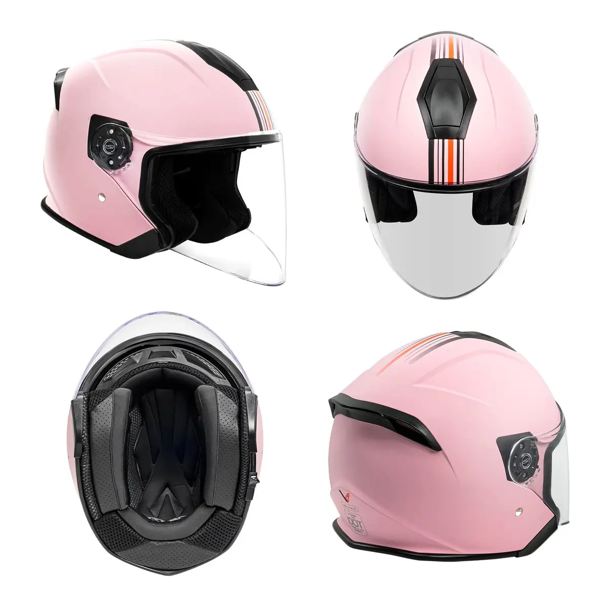 VCAN V88 3/4 Open Face Motorcycle Helmet Matte Pink Stripe | DOT & ECE Certified, FMVSS 218 Approved - view 2