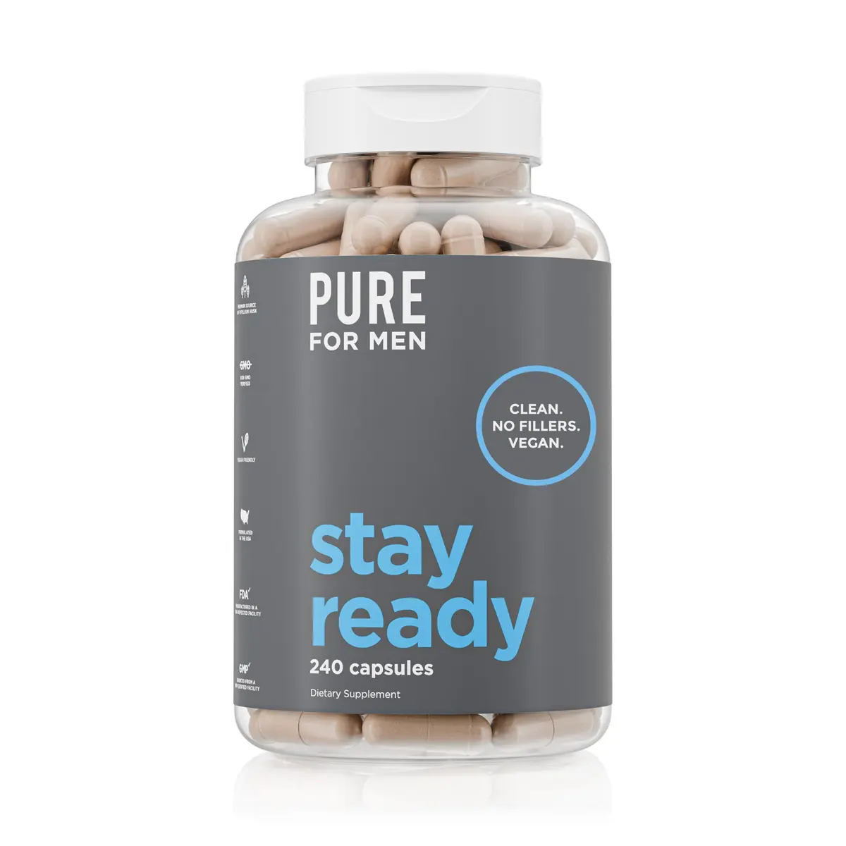 Pure for Men Stay Ready Fiber Supplement Psyllium Husk 240 Vegan Capsules | Supports Digestive Regularity & Gut Health - main product image