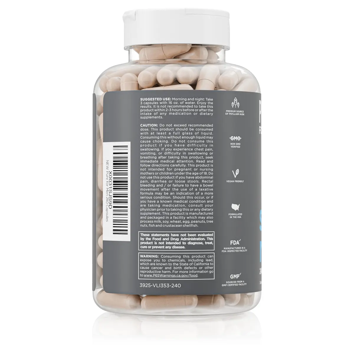 Pure for Men Stay Ready Fiber Supplement Psyllium Husk 240 Vegan Capsules | Supports Digestive Regularity & Gut Health - view 3