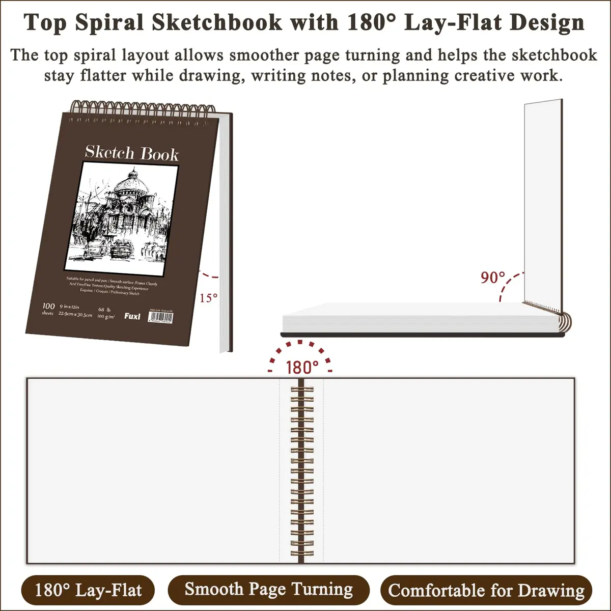 Fuxi 9" x 12" Sketch Book Set, 300 Sheets | Top Spiral Bound Art Paper Pad for Drawing & Sketching - view 3
