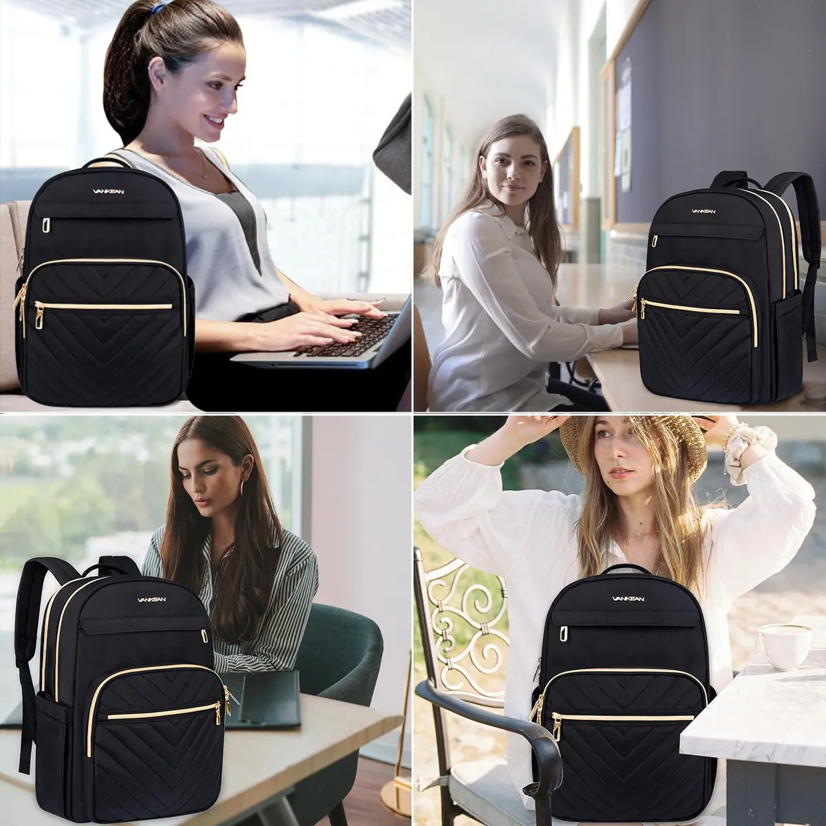 VANKEAN Quilted Black 15.6 Inch Laptop Backpack | Water-Resistant Travel Daypack - view 6
