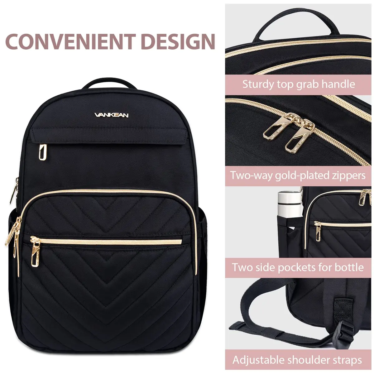 VANKEAN Quilted Black 15.6 Inch Laptop Backpack | Water-Resistant Travel Daypack - view 3