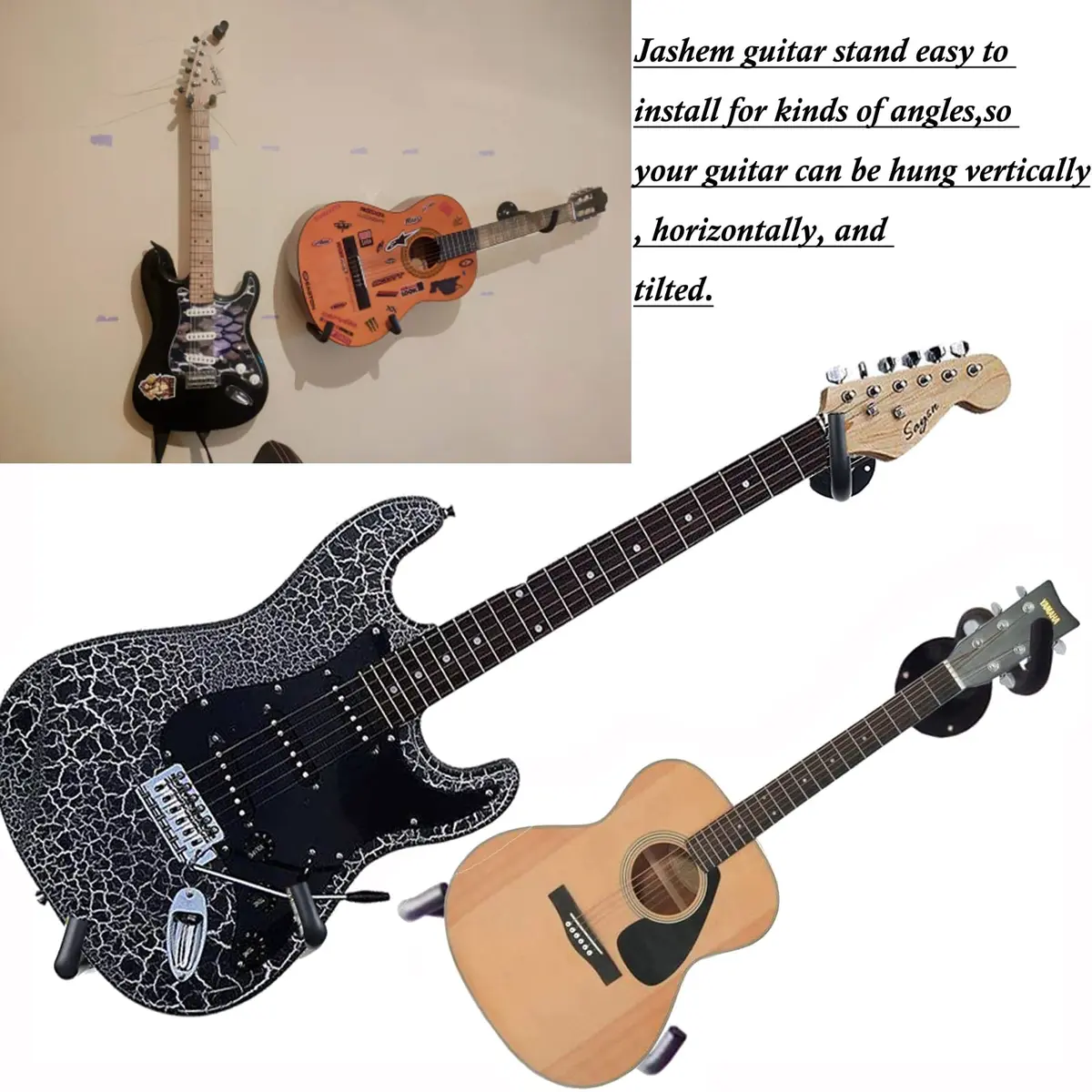 Jashem Guitar Wall Mount - Acoustic, Electric, Bass, Ukulele, Banjo, Mandolin Hanger (2-Pack, 250g / 0.55lb) | Securely Holds Instruments - view 2