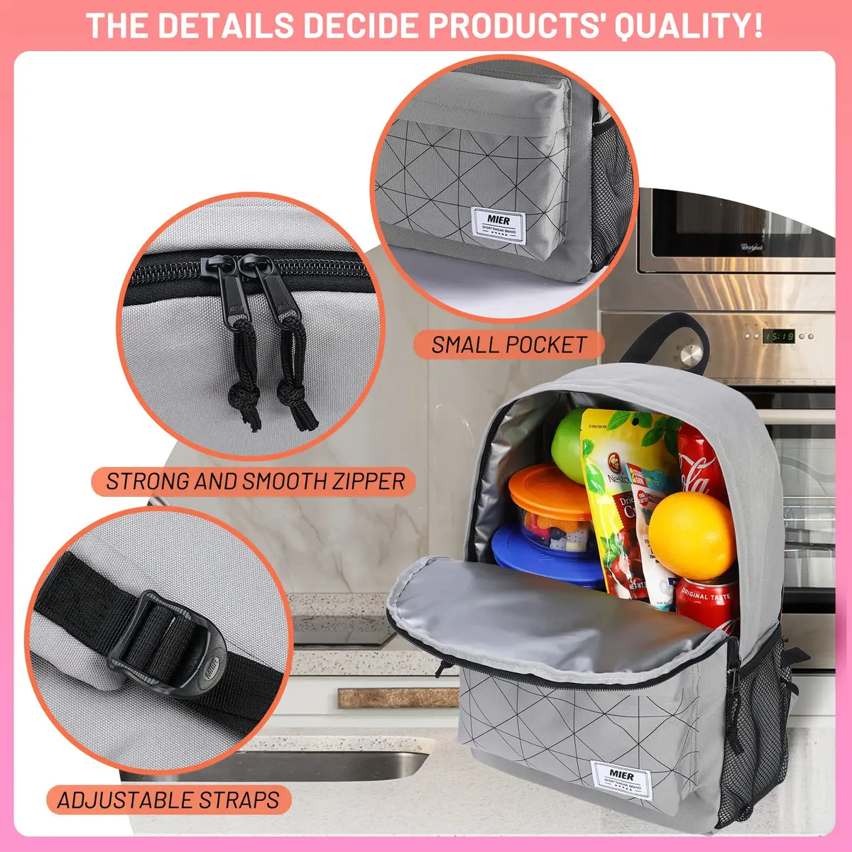 MIER Insulated Backpack Cooler Small Lunch Bookbag for Women Men, Grey | 15L Capacity, Leakproof & Lightweight - view 5